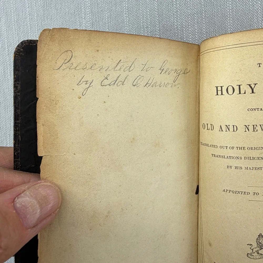 Vintage Eyre & Spottiswoode Holy Bible Leather KJV Embossed Pocket Pearl c 1873